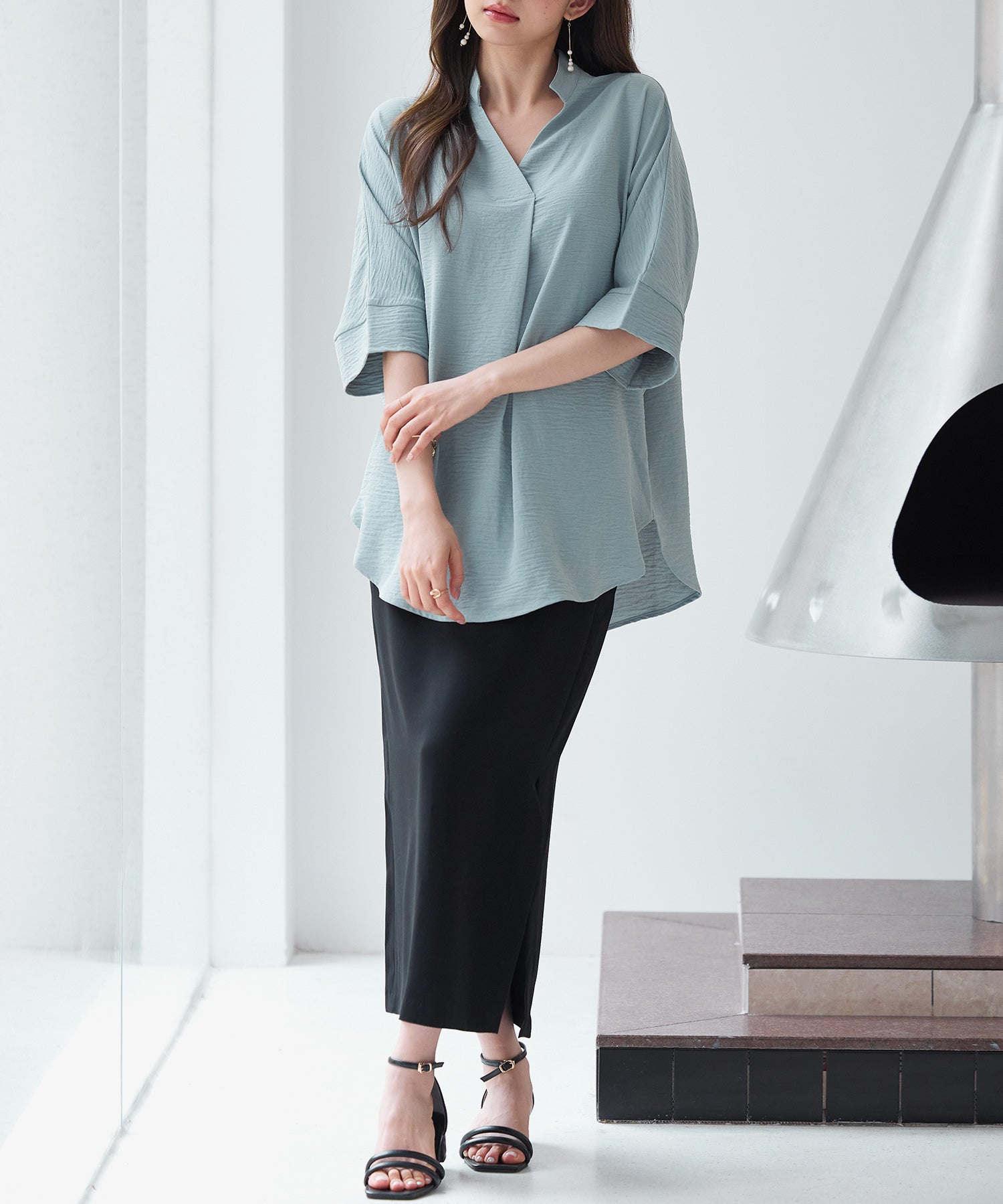 体型カバードルマンスリーブブラウスsdp0215 グリーン