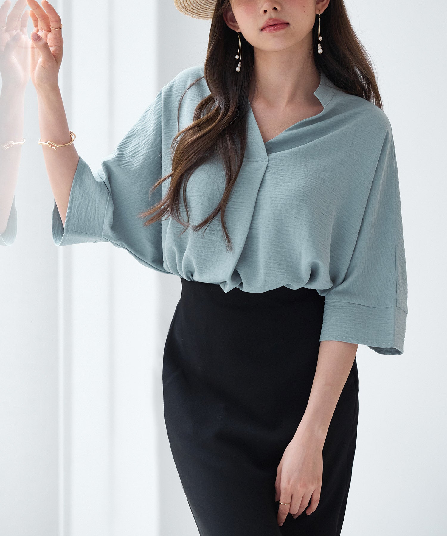 体型カバードルマンスリーブブラウスsdp0215 グリーン