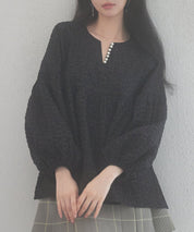 パール付きキーネックふんわりブラウスsdp0220 ブラック