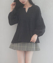 パール付きキーネックふんわりブラウスsdp0220 ブラック