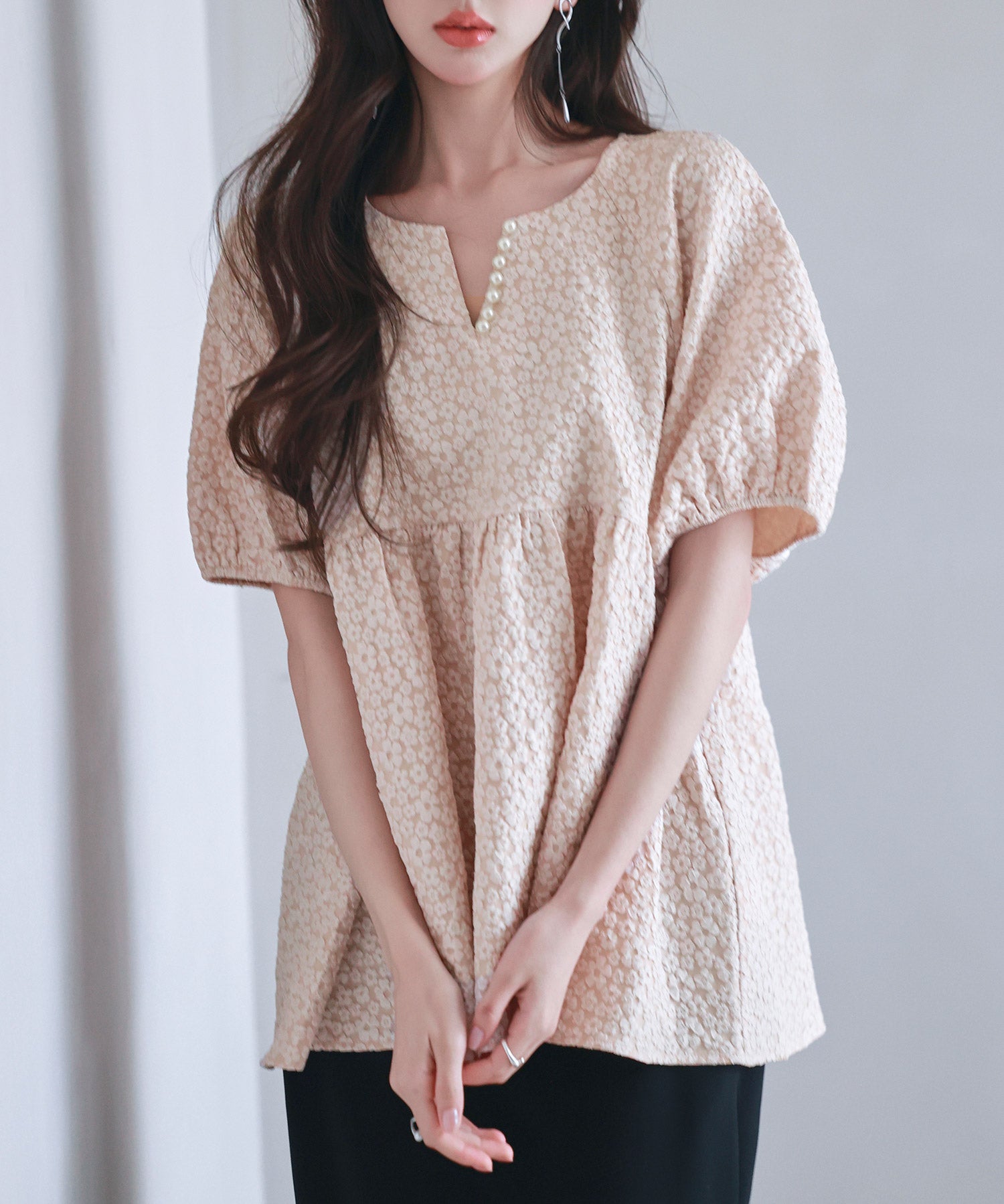 フクレジャガード生地キーネックブラウスsdp0220b-102-174