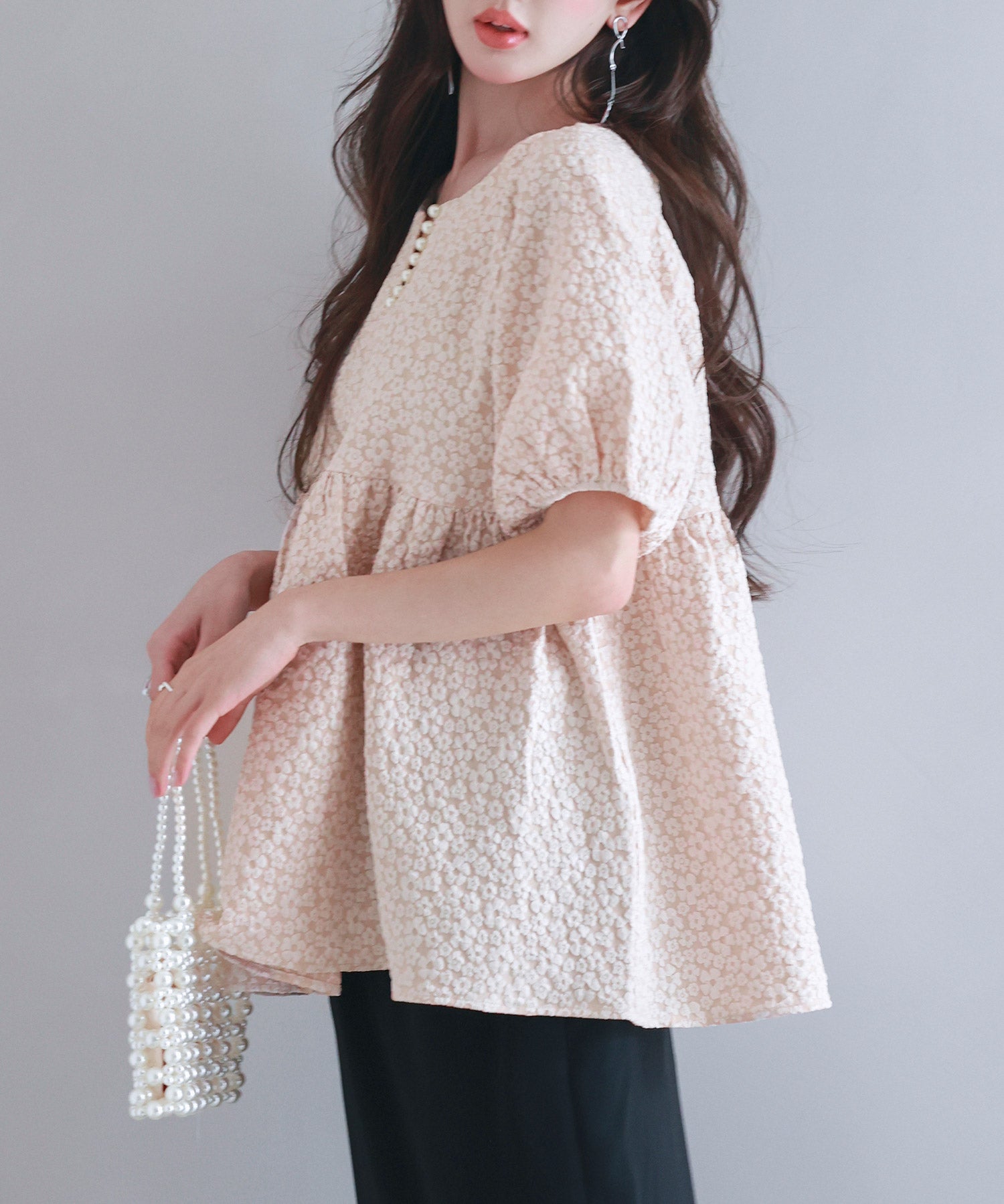 フクレジャガード生地キーネックブラウスsdp0220b ピンクベージュ