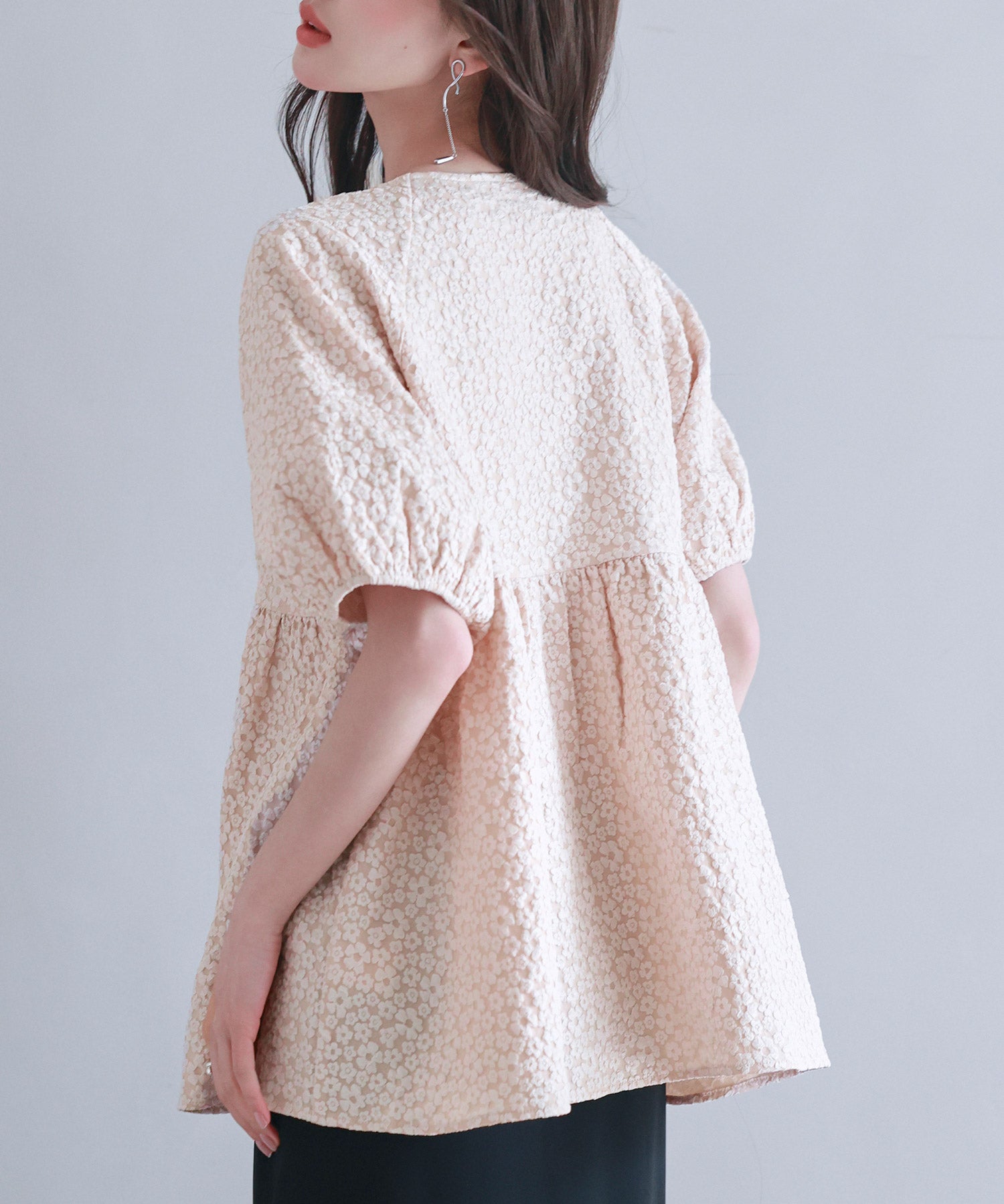 フクレジャガード生地キーネックブラウスsdp0220b ピンクベージュ