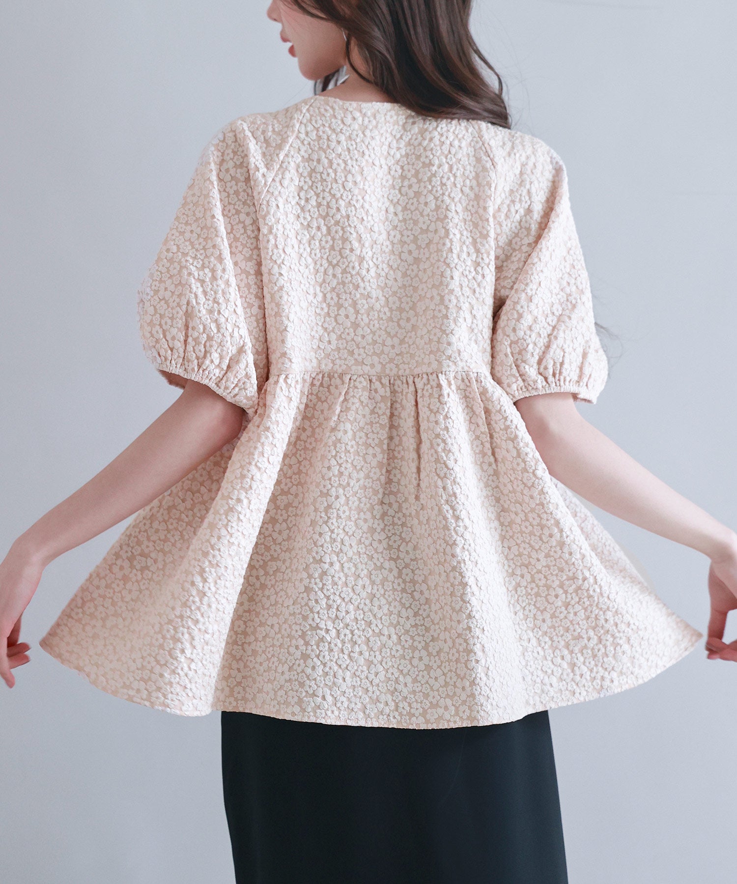 フクレジャガード生地キーネックブラウスsdp0220b ピンクベージュ