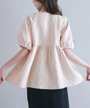 フクレジャガード生地キーネックブラウスsdp0220b ピンクベージュ