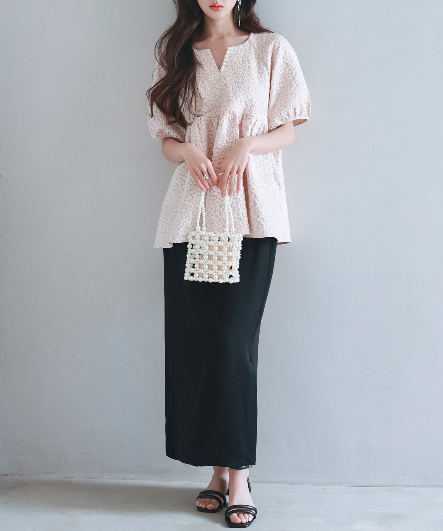 フクレジャガード生地キーネックブラウスsdp0220b ピンクベージュ