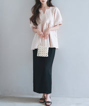 フクレジャガード生地キーネックブラウスsdp0220b ピンクベージュ