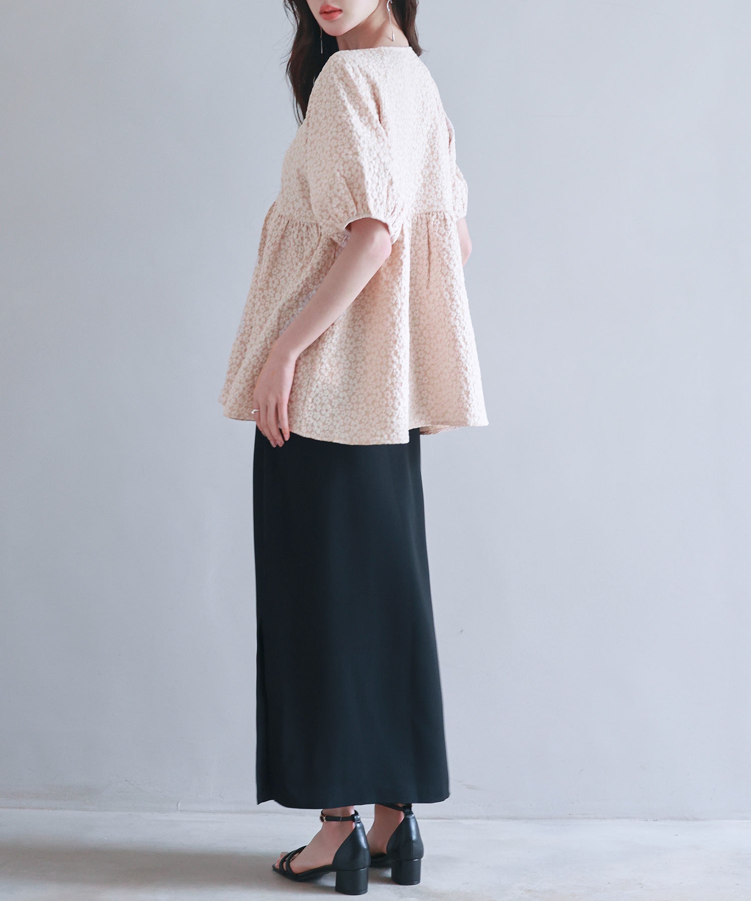 フクレジャガード生地キーネックブラウスsdp0220b ピンクベージュ