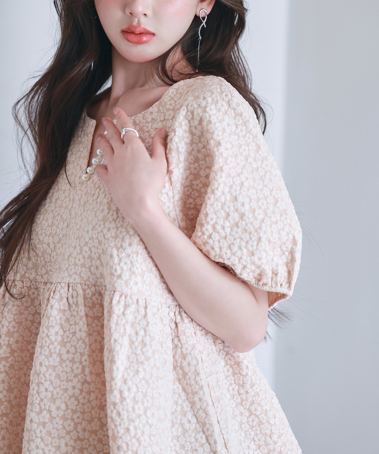 フクレジャガード生地キーネックブラウスsdp0220b ピンクベージュ