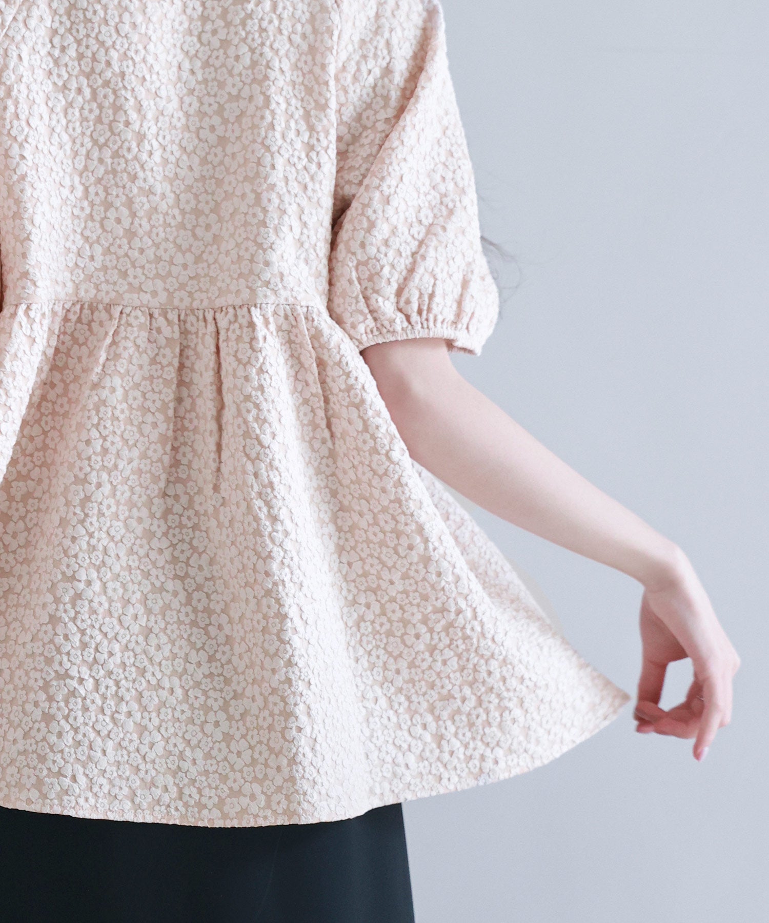 フクレジャガード生地キーネックブラウスsdp0220b ピンクベージュ