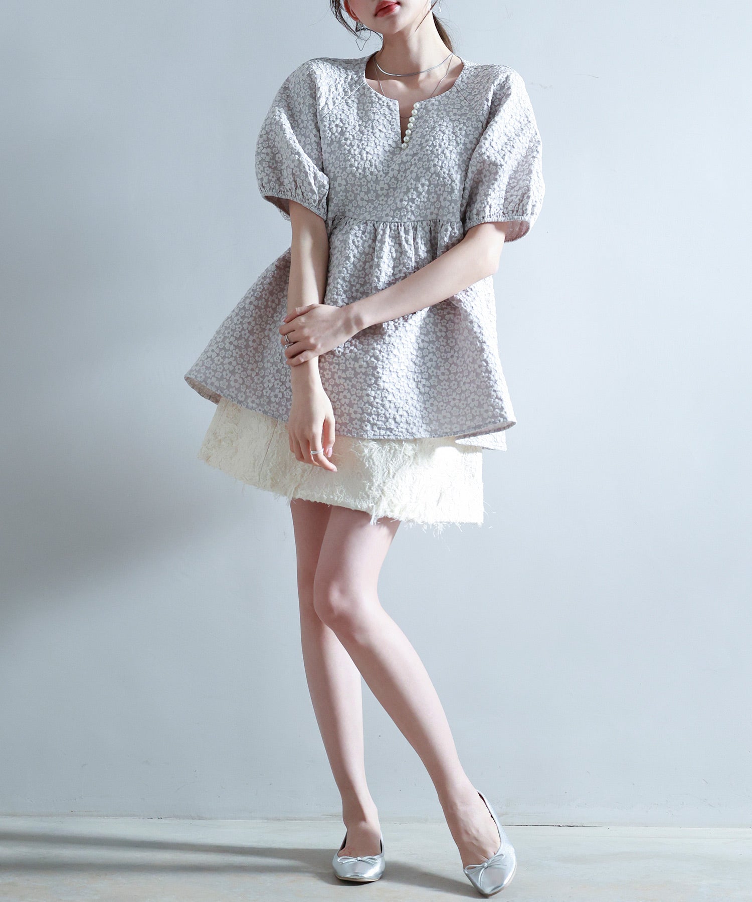 フクレジャガード生地キーネックブラウスsdp0220b グレー