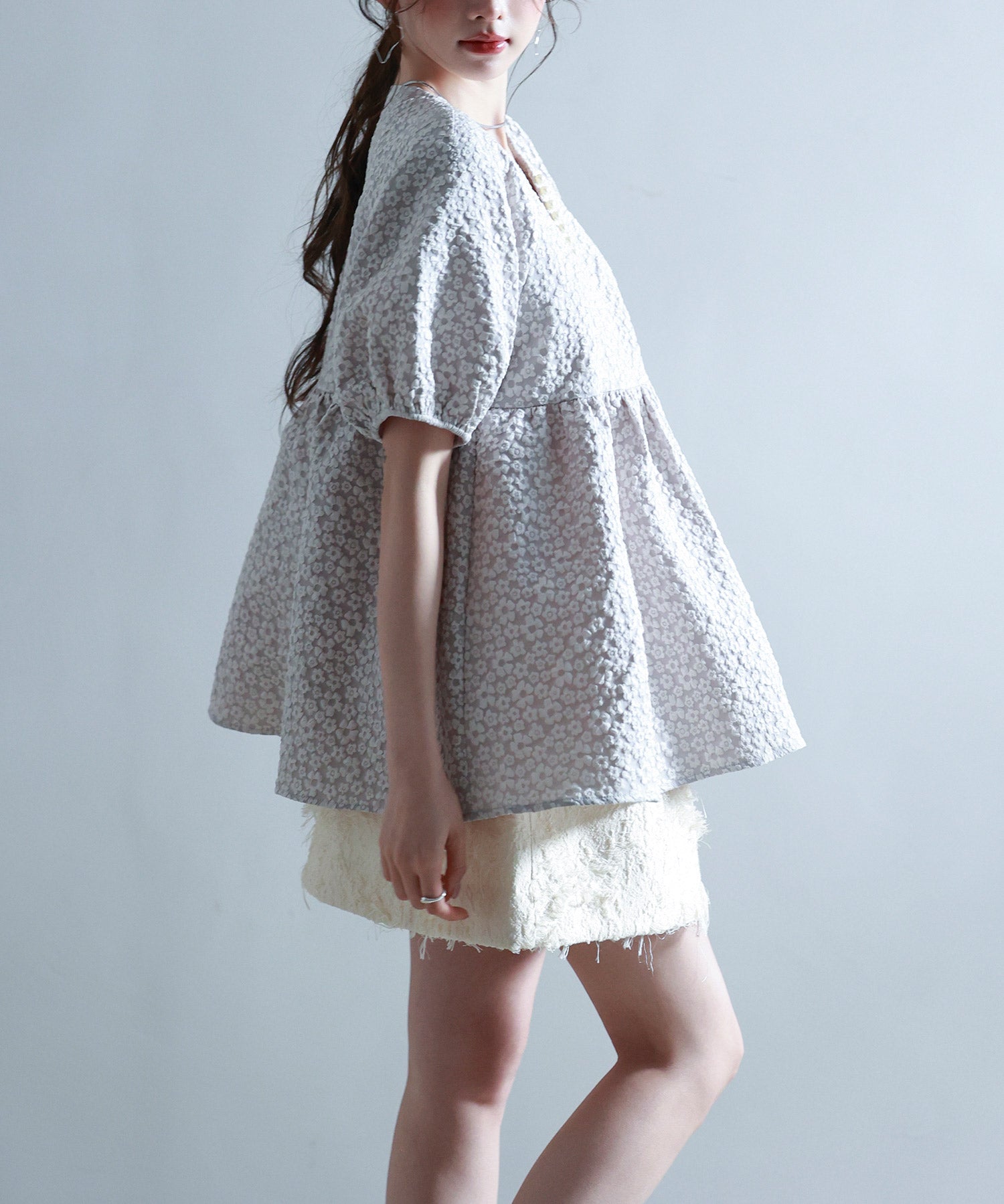 フクレジャガード生地キーネックブラウスsdp0220b グレー