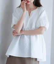 フクレジャガード生地キーネックブラウスsdp0220b ホワイト