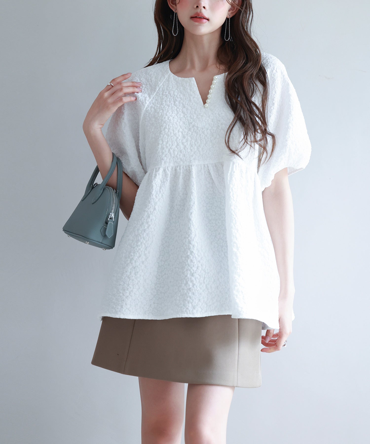 フクレジャガード生地キーネックブラウスsdp0220b ホワイト