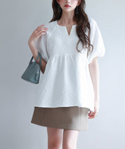 フクレジャガード生地キーネックブラウスsdp0220b ホワイト