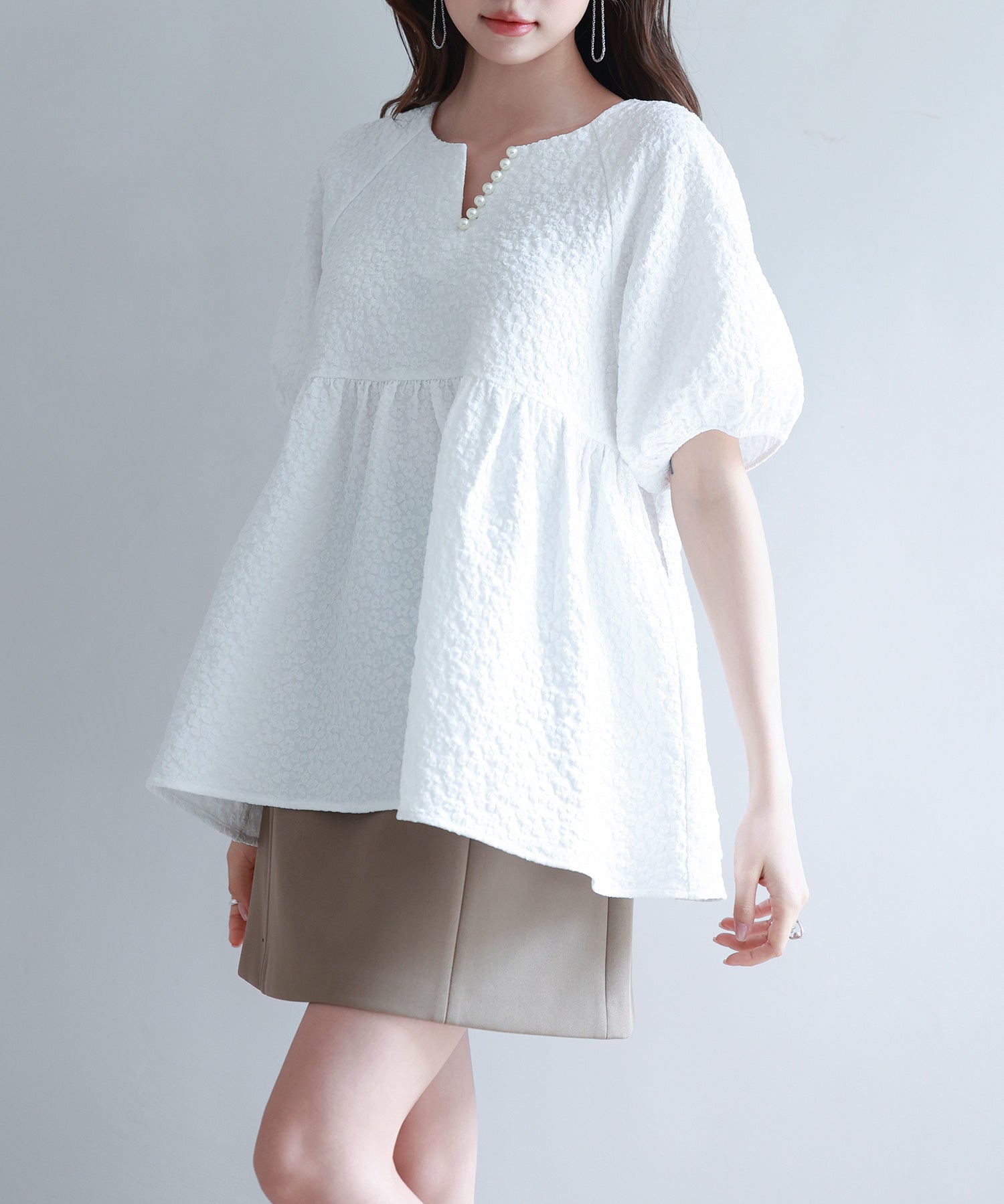 フクレジャガード生地キーネックブラウスsdp0220b ホワイト