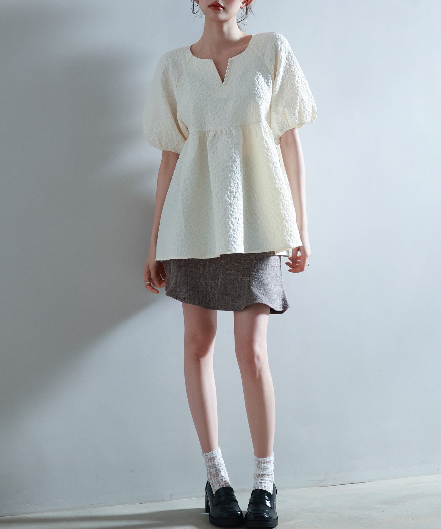 フクレジャガード生地キーネックブラウスsdp0220b アイボリー