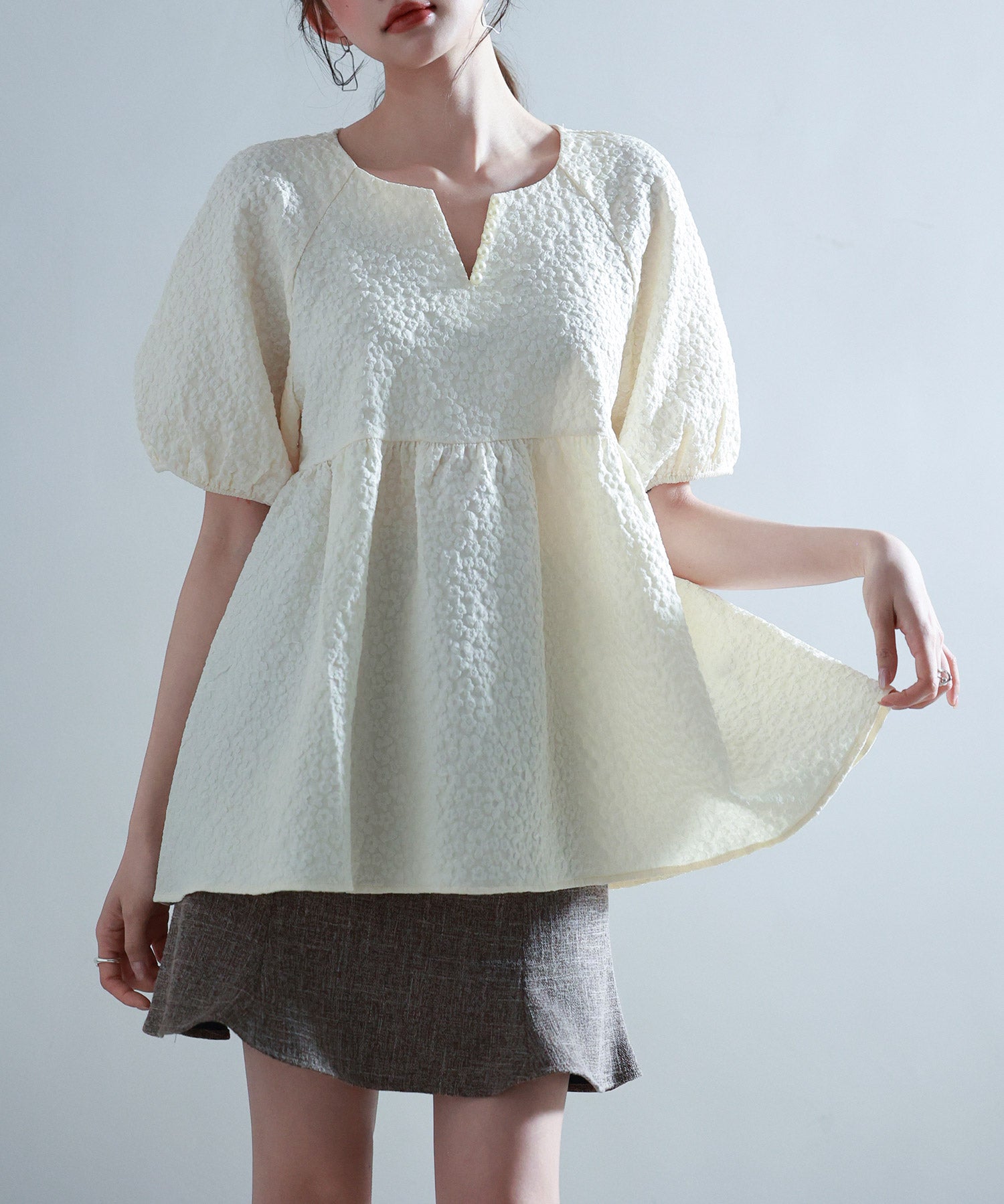 フクレジャガード生地キーネックブラウスsdp0220b アイボリー