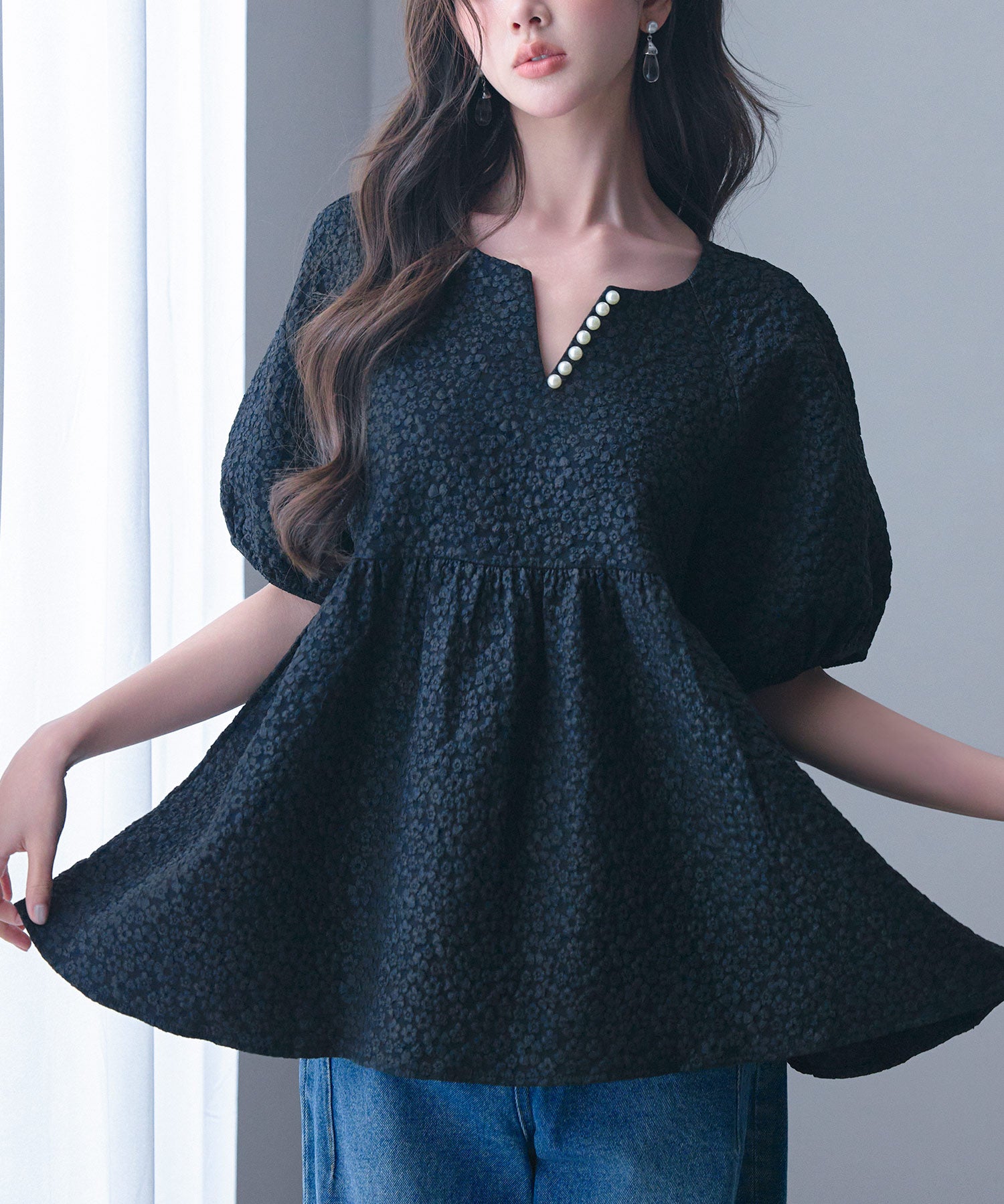 フクレジャガード生地キーネックブラウスsdp0220b-102-8