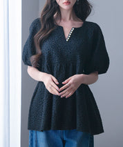 フクレジャガード生地キーネックブラウスsdp0220b ブラック