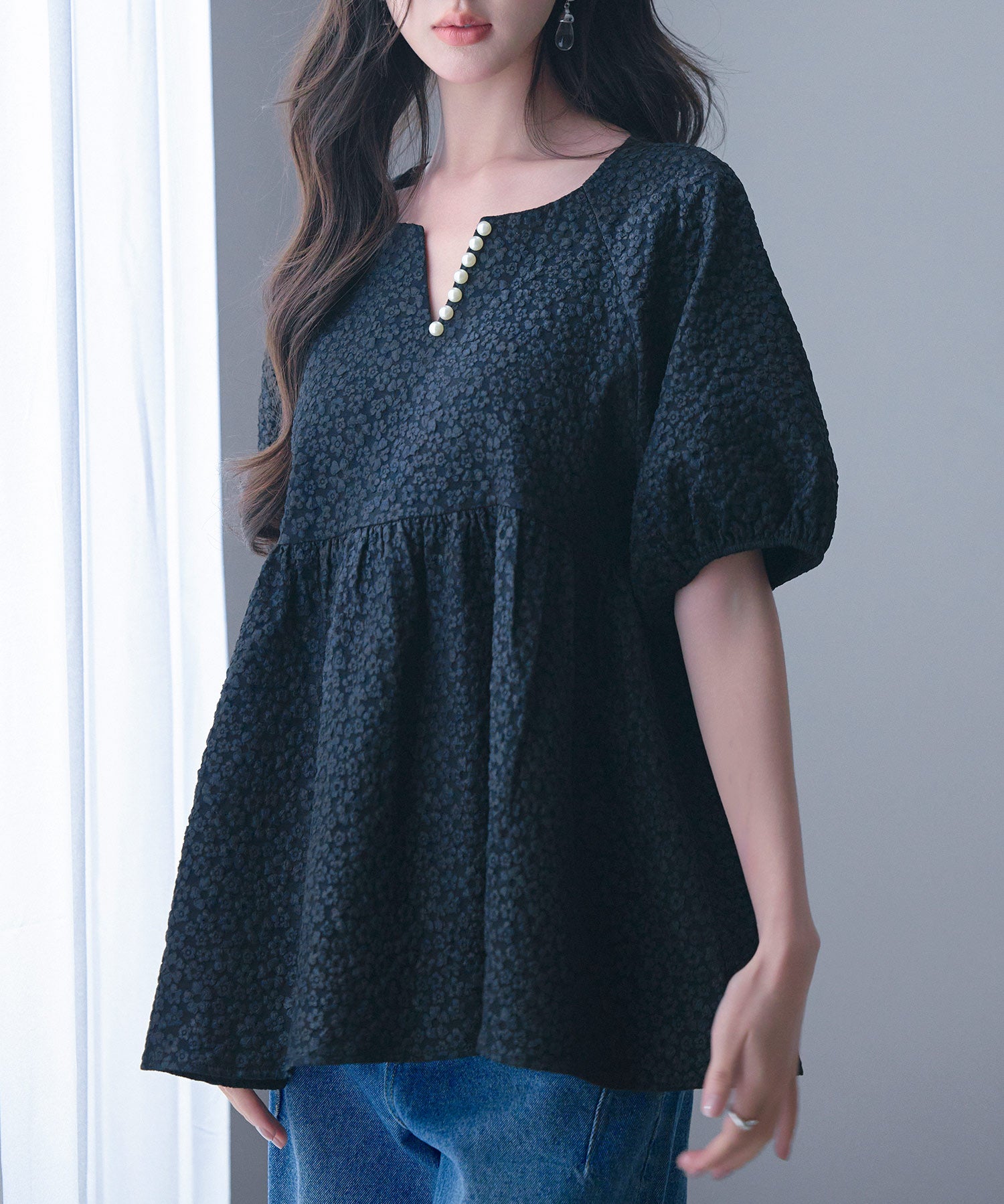 フクレジャガード生地キーネックブラウスsdp0220b ブラック