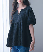 フクレジャガード生地キーネックブラウスsdp0220b ブラック