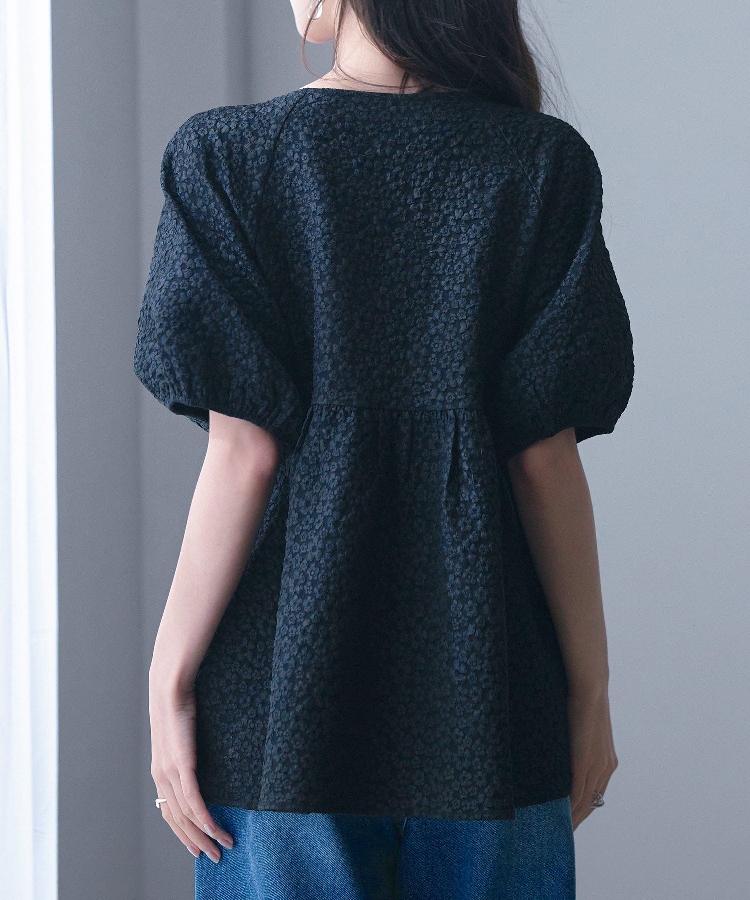 フクレジャガード生地キーネックブラウスsdp0220b ブラック