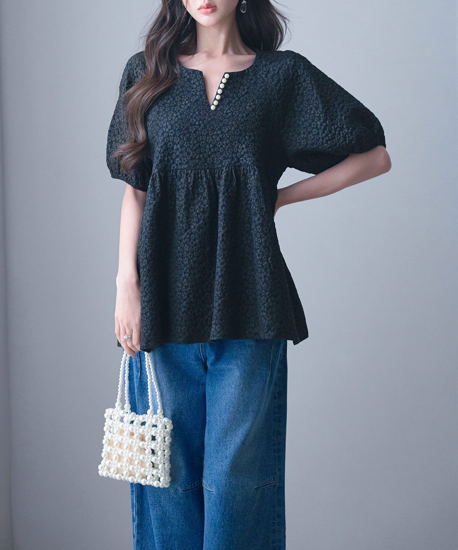 フクレジャガード生地キーネックブラウスsdp0220b ブラック