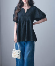 フクレジャガード生地キーネックブラウスsdp0220b ブラック