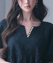 フクレジャガード生地キーネックブラウスsdp0220b ブラック