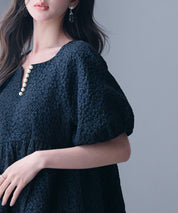 フクレジャガード生地キーネックブラウスsdp0220b ブラック