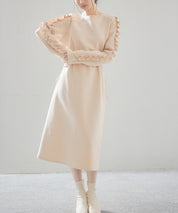 フリルとパールスリーブポンチ素材ワンピースsdp0228 ベージュ