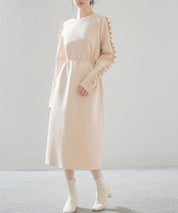 フリルとパールスリーブポンチ素材ワンピースsdp0228 ベージュ