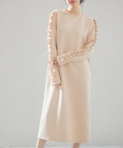 フリルとパールスリーブポンチ素材ワンピースsdp0228 ベージュ