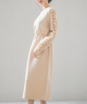 フリルとパールスリーブポンチ素材ワンピースsdp0228 ベージュ