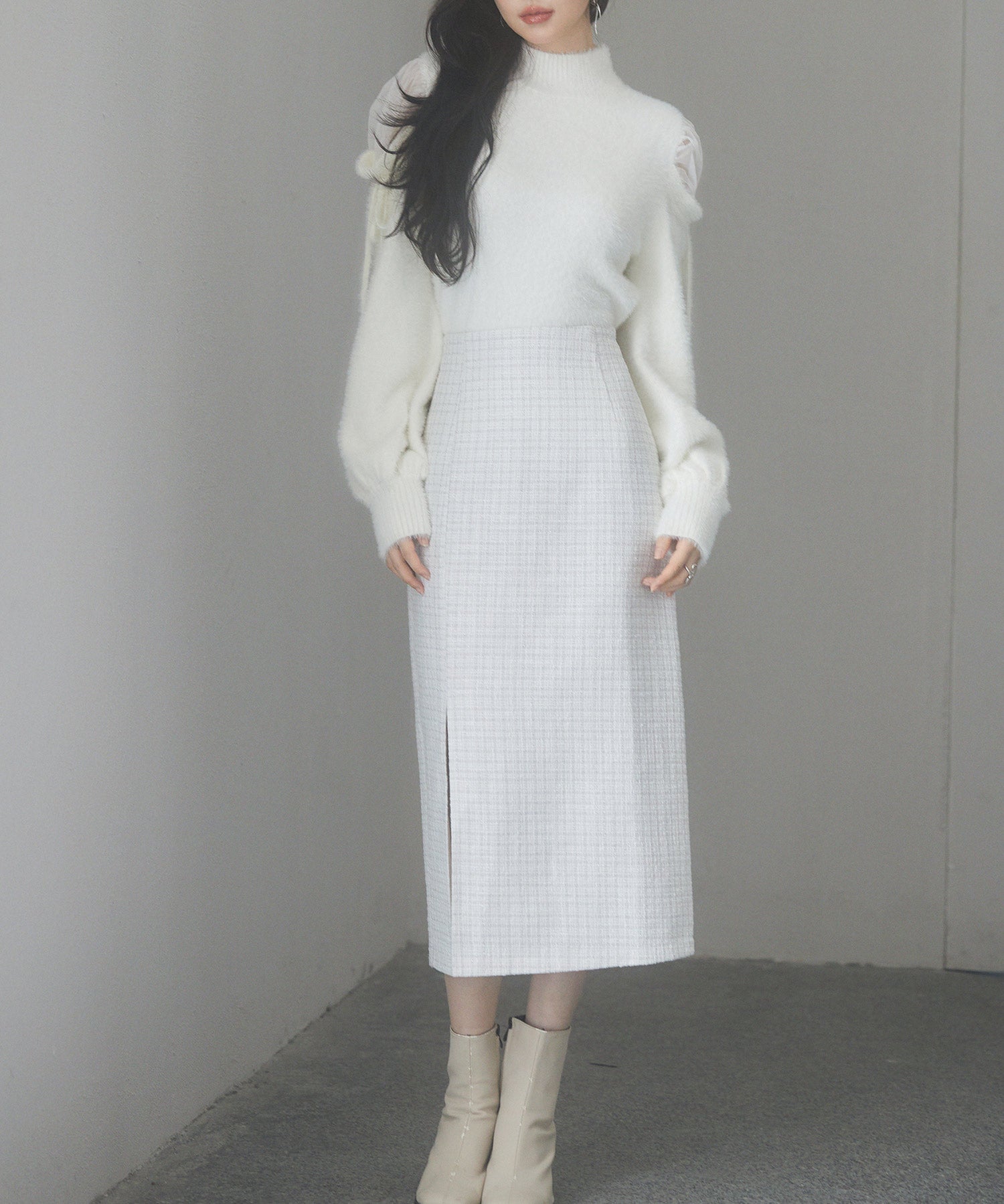 スリット入りラメツイード生地スカートsdp0229 ホワイト