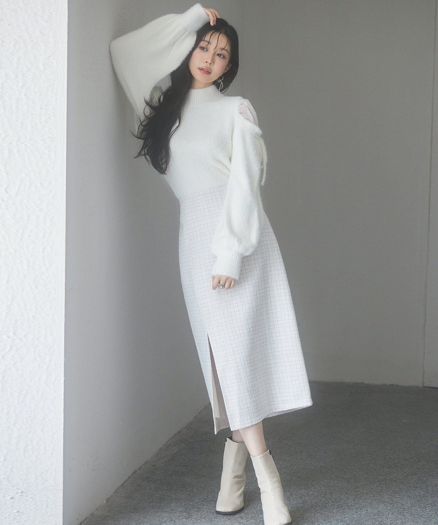 スリット入りラメツイード生地スカートsdp0229 ホワイト