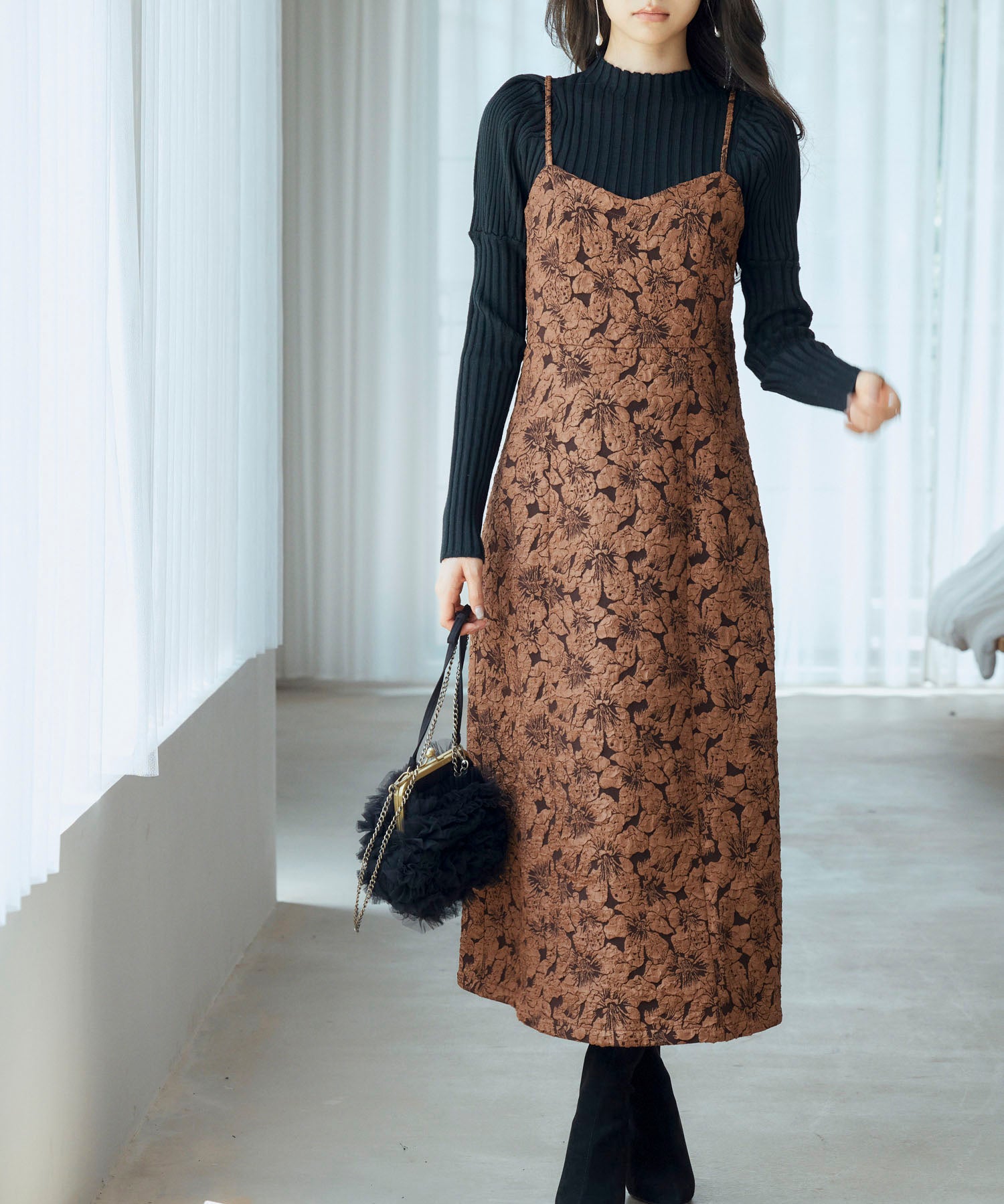 ジャガード生地バックスリットキャミワンピースsdp0230 ダークブラウン