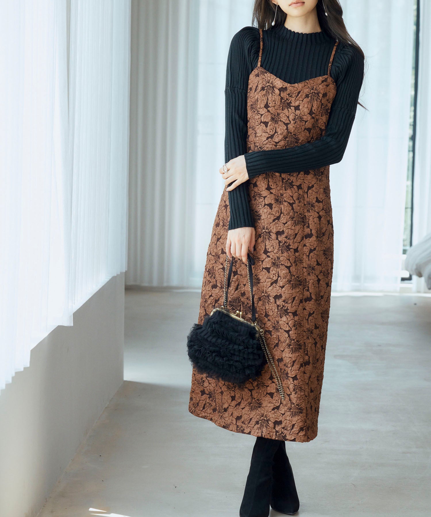 ジャガード生地バックスリットキャミワンピースsdp0230 ダークブラウン