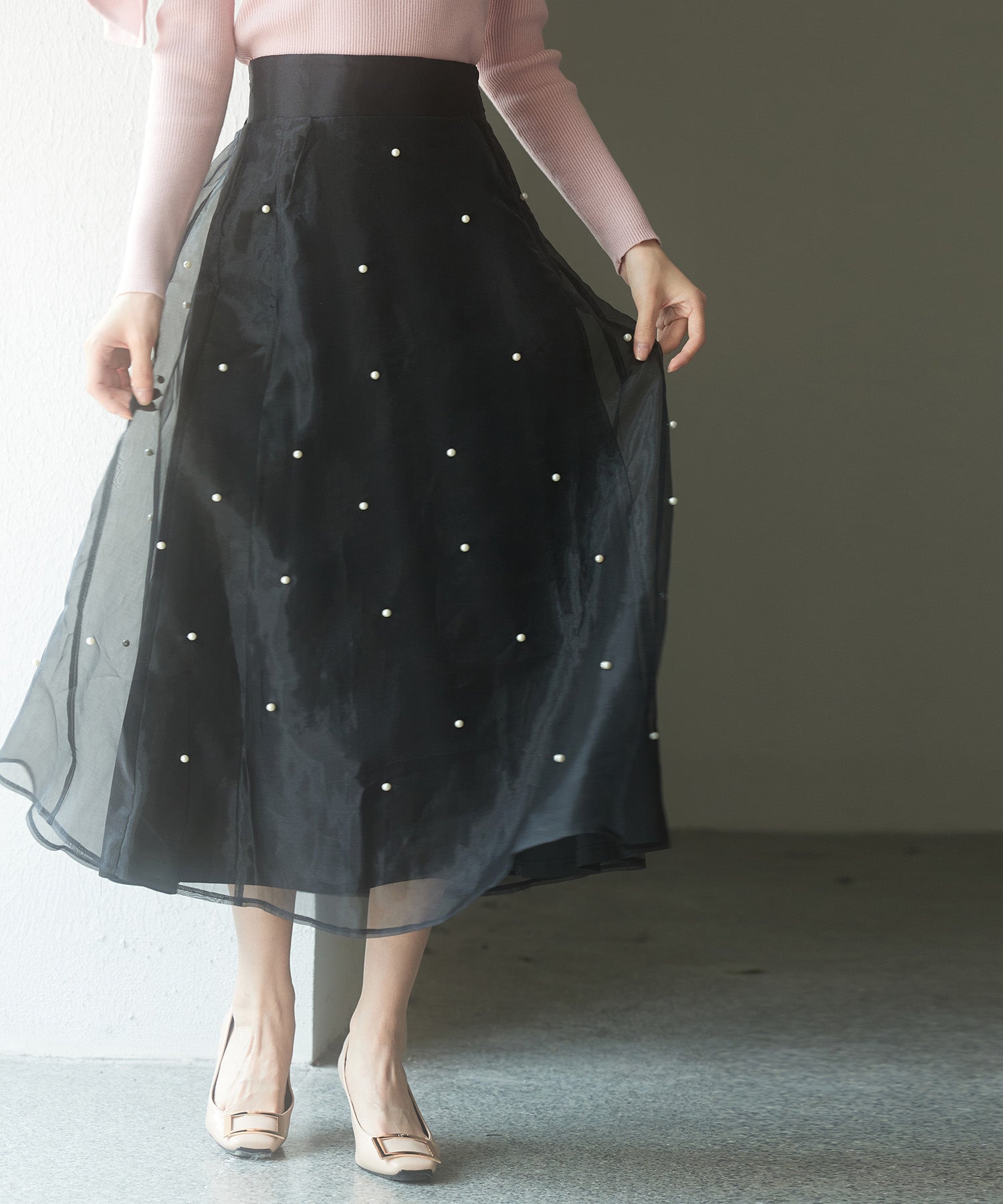 パール付きオーガンジー生地フレアスカートsdp0233-102-8