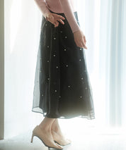 パール付きオーガンジー生地フレアスカートsdp0233 ブラック