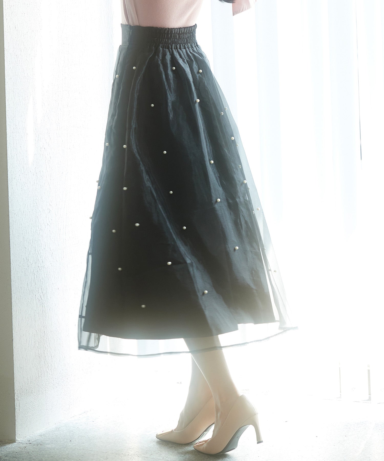 パール付きオーガンジー生地フレアスカートsdp0233 ブラック