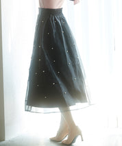 パール付きオーガンジー生地フレアスカートsdp0233 ブラック