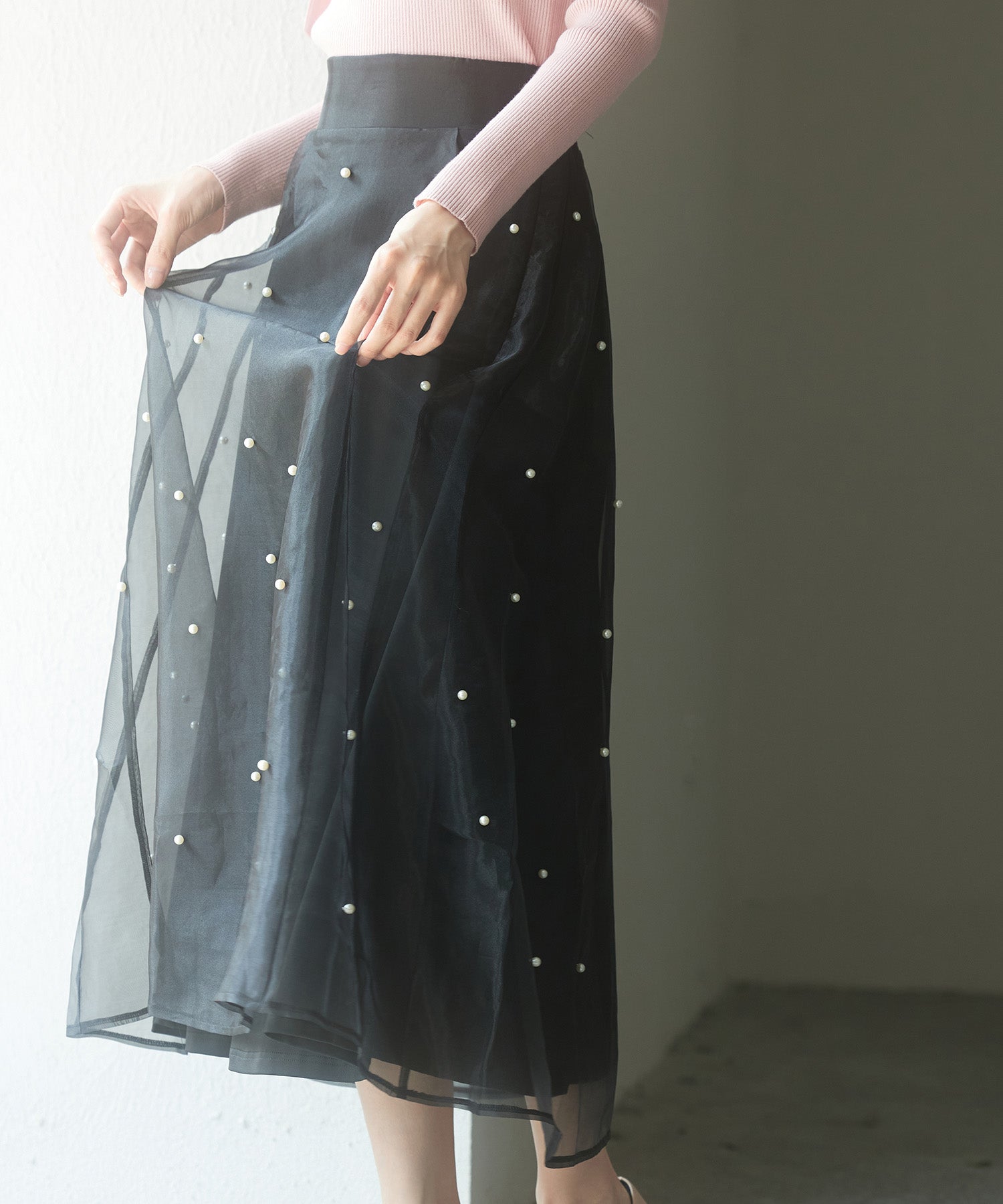 パール付きオーガンジー生地フレアスカートsdp0233 ブラック