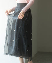 パール付きオーガンジー生地フレアスカートsdp0233 ブラック