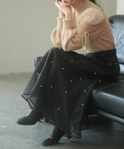 パール付きオーガンジー生地フレアスカートsdp0233 ブラック