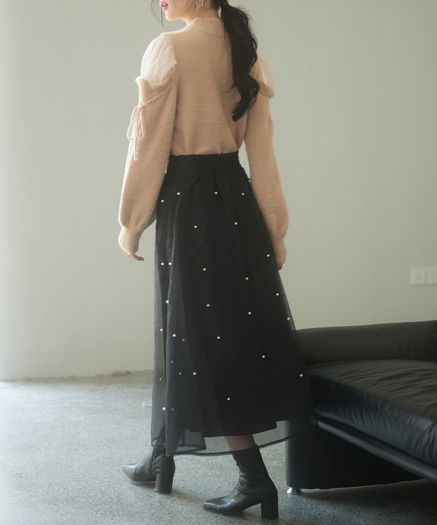 パール付きオーガンジー生地フレアスカートsdp0233 ブラック