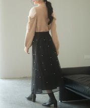 パール付きオーガンジー生地フレアスカートsdp0233 ブラック