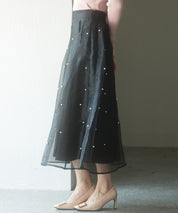 パール付きオーガンジー生地フレアスカートsdp0233 ブラック