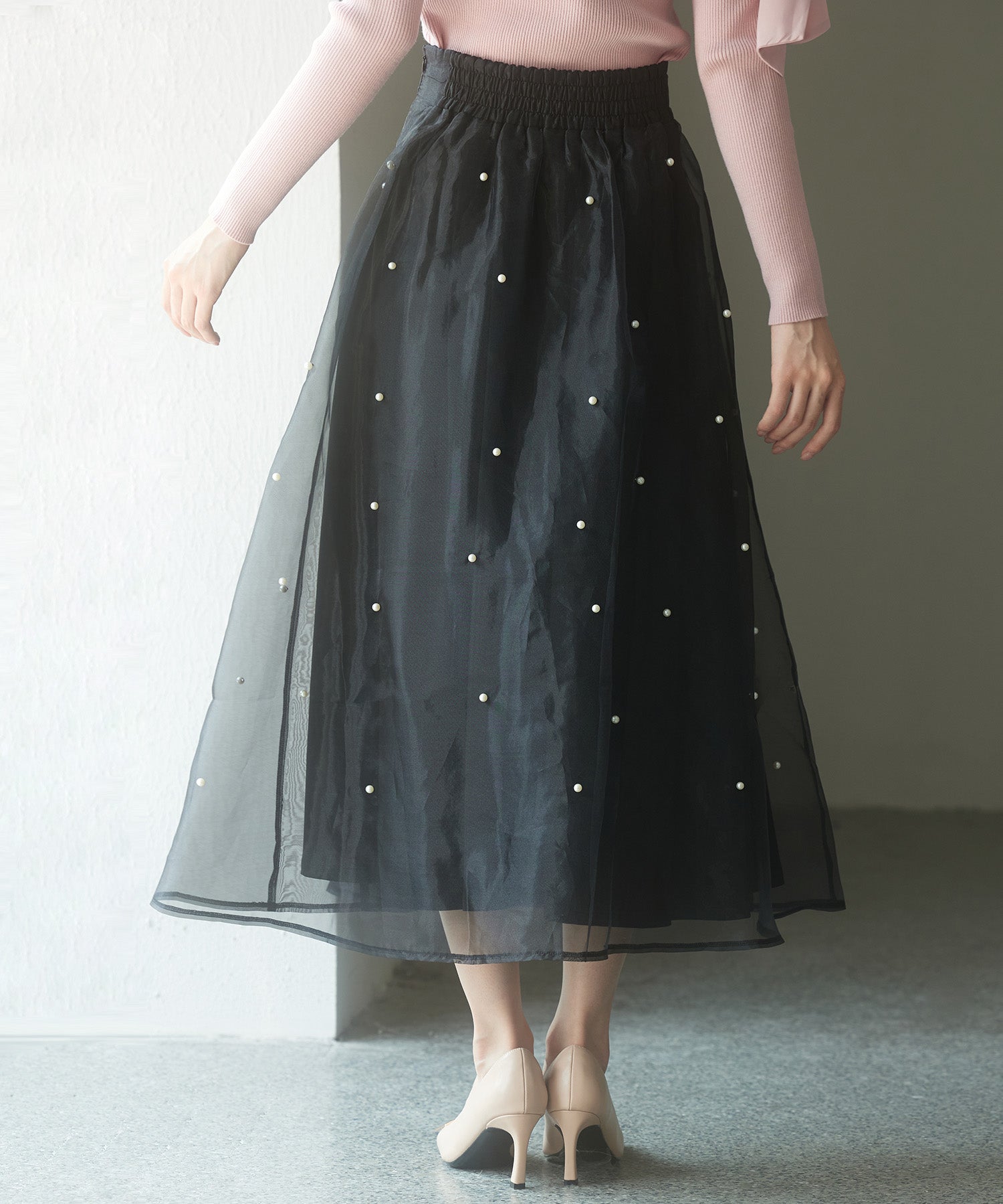パール付きオーガンジー生地フレアスカートsdp0233 ブラック